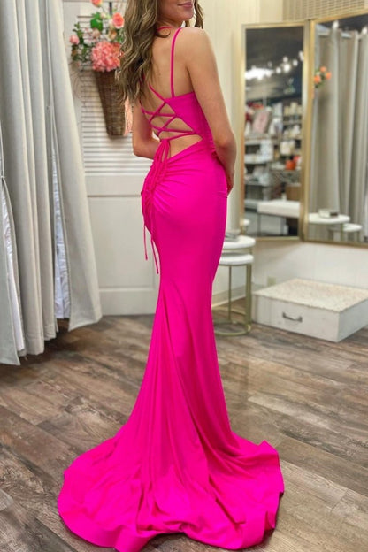 Hot Pink Spaghetti Straps Lace-Up Trumpet Long Formal Dress