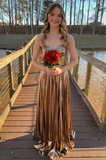Green Metallic Sweetheart Pleated A-Line Long Prom Dresses
