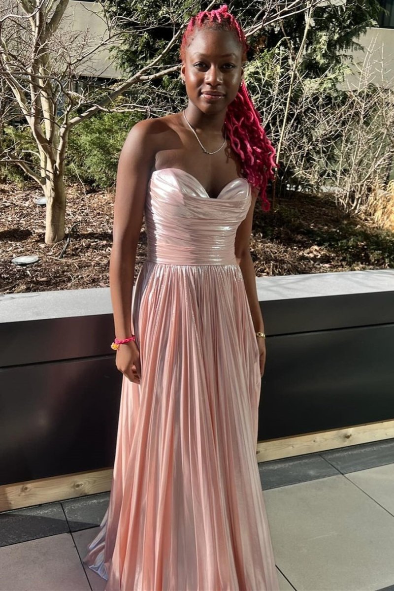 Green Metallic Sweetheart Pleated A-Line Long Prom Dresses