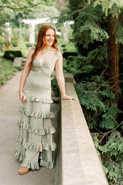 Knotted Sage Ruffles Mermaid Tiedred Maxi Dress