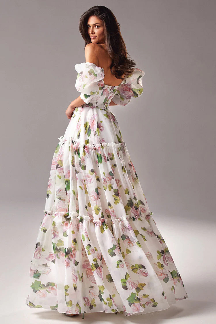 Floral Print Off Shoulder Puff Sleeve Organza Maxi Dress
