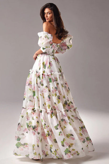 Floral Print Off Shoulder Puff Sleeve Organza Maxi Dress