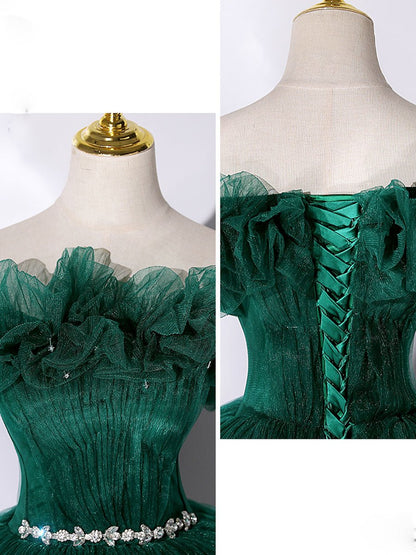 Green Off Shoulder Tulle Long Quinceanera Dresses