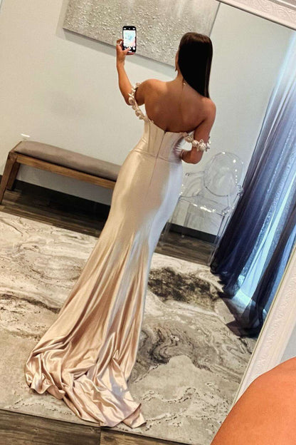 Hot Pink Floral Straps Mermaid Satin Long Prom Dress