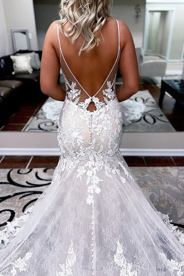 Ivory Lace Mermaid Backless Long Wedding Dress