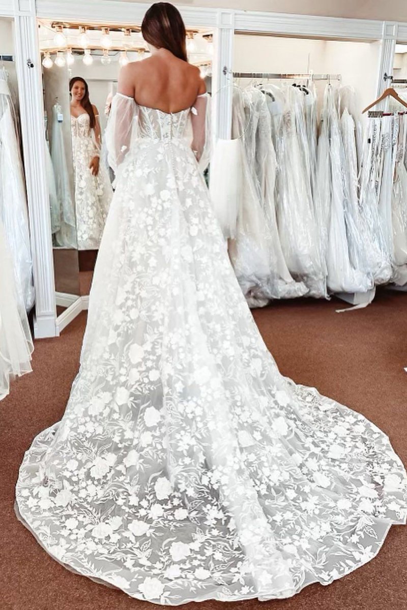Ivory Lace A-Line Detachable Long Sleeves Corset Long Wedding Dress