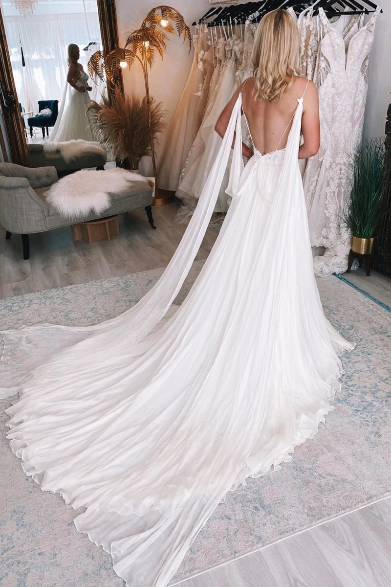 Ivory A-Line Watteau Train Boho Long Chiffon Wedding Dress with Lace