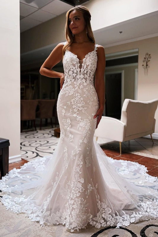 Ivory Backless Sleeveless Lace Mermaid Long Wedding Dress