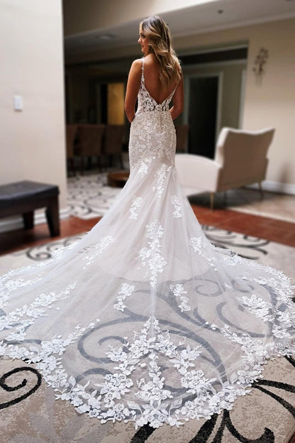 Ivory Backless Sleeveless Lace Mermaid Long Wedding Dress