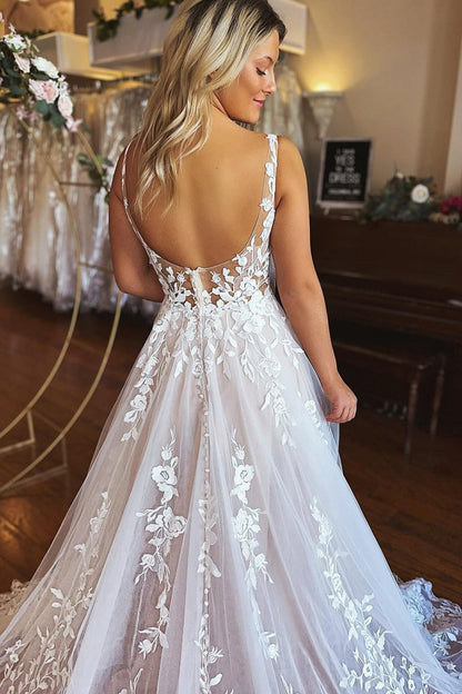 Ivory A-Line V-Neck Backless Long Lace Wedding Dress