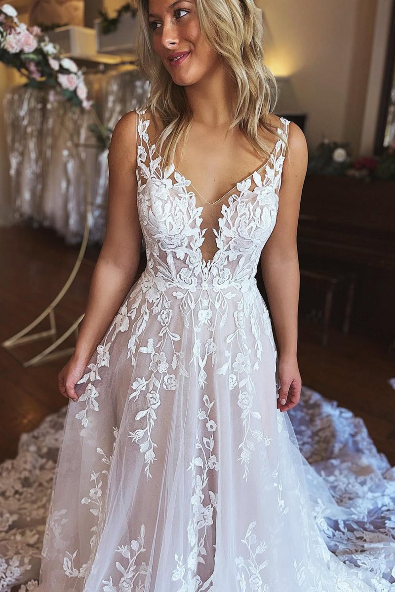 Ivory A-Line V-Neck Backless Long Lace Wedding Dress