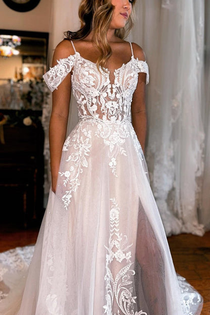 Ivory Detachable Sleeve High Slit A-Line Wedding Dress with Appliques
