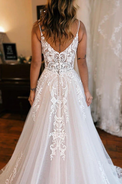 Ivory Detachable Sleeve High Slit A-Line Wedding Dress with Appliques