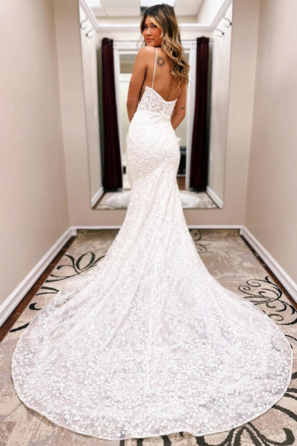 Ivory Spaghetti Straps Lace Mermaid Wedding Dress with Train