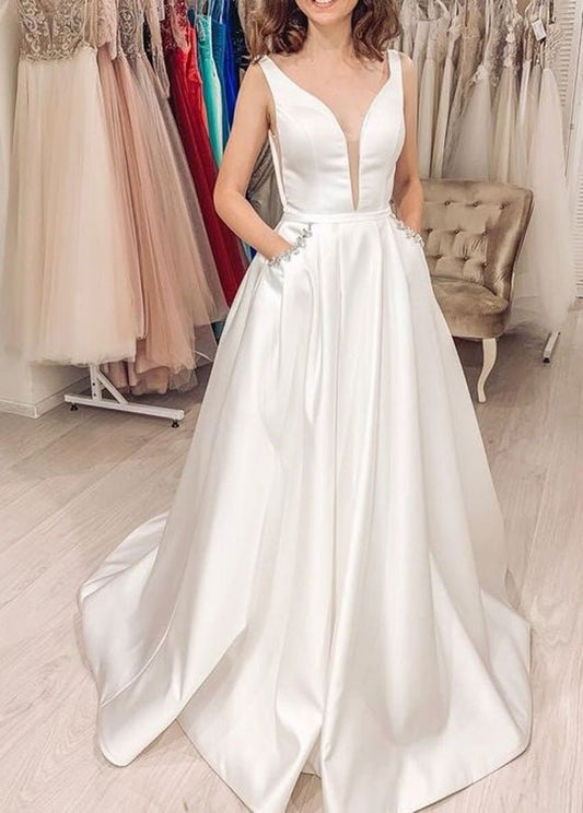 Elegant A-line Sleeveless V-Back Satin Bridal Dresses with Pockets