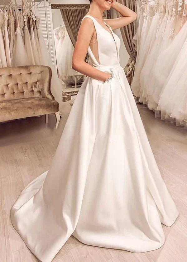 Elegant A-line Sleeveless V-Back Satin Bridal Dresses with Pockets