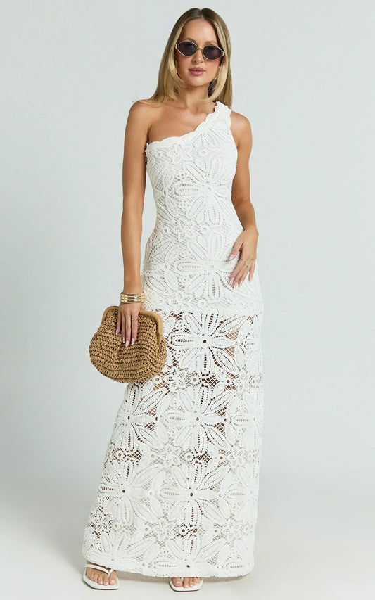 Charlene Maxi Dress - Crochet Knitted One Shoulder Maxi Dress in White