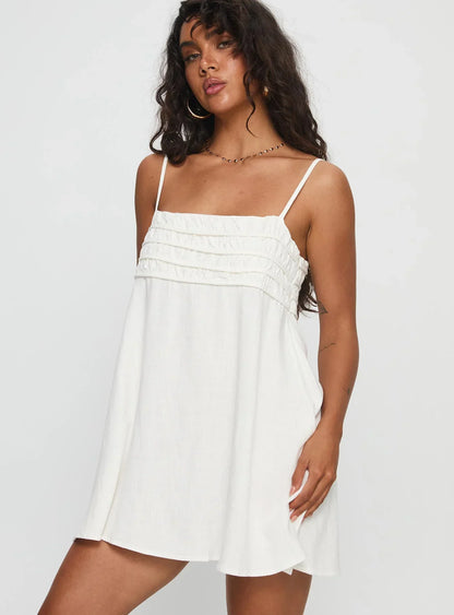 Every Breath Linen Shift Mini Dress White