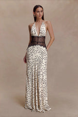 Polka Dot Lace Patchwork Deep V Backless Ruched Elegant Maxi Dress