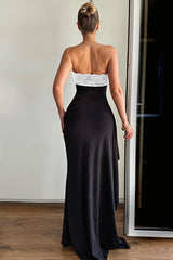 Chic Lace Trim Strapless Bodycon Slit Maxi Dress