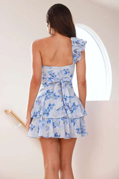 Floral Fantasy One Shoulder Mini Dress Blue
