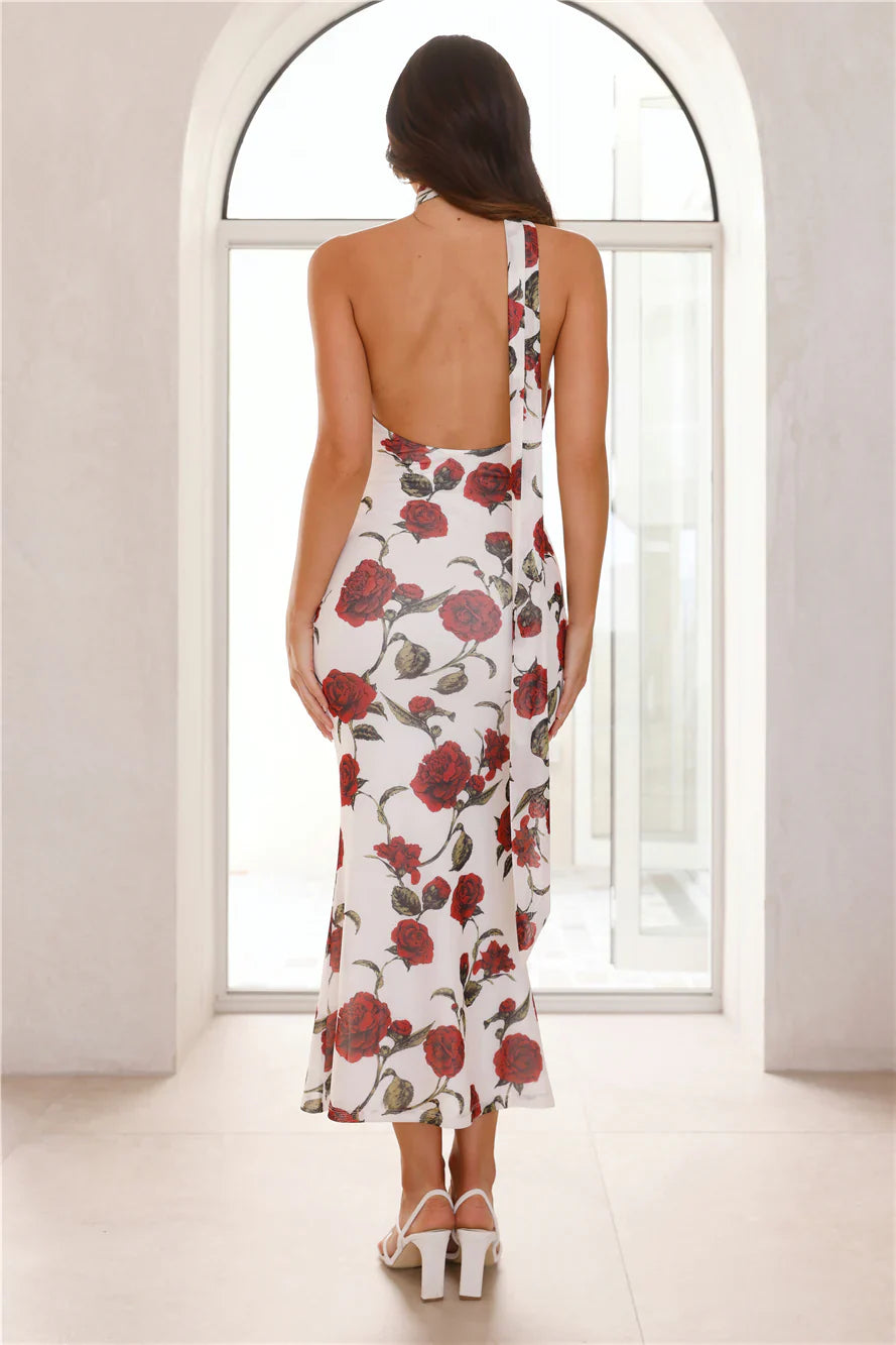 Enchanted Rose Halter Mesh Maxi Dress White