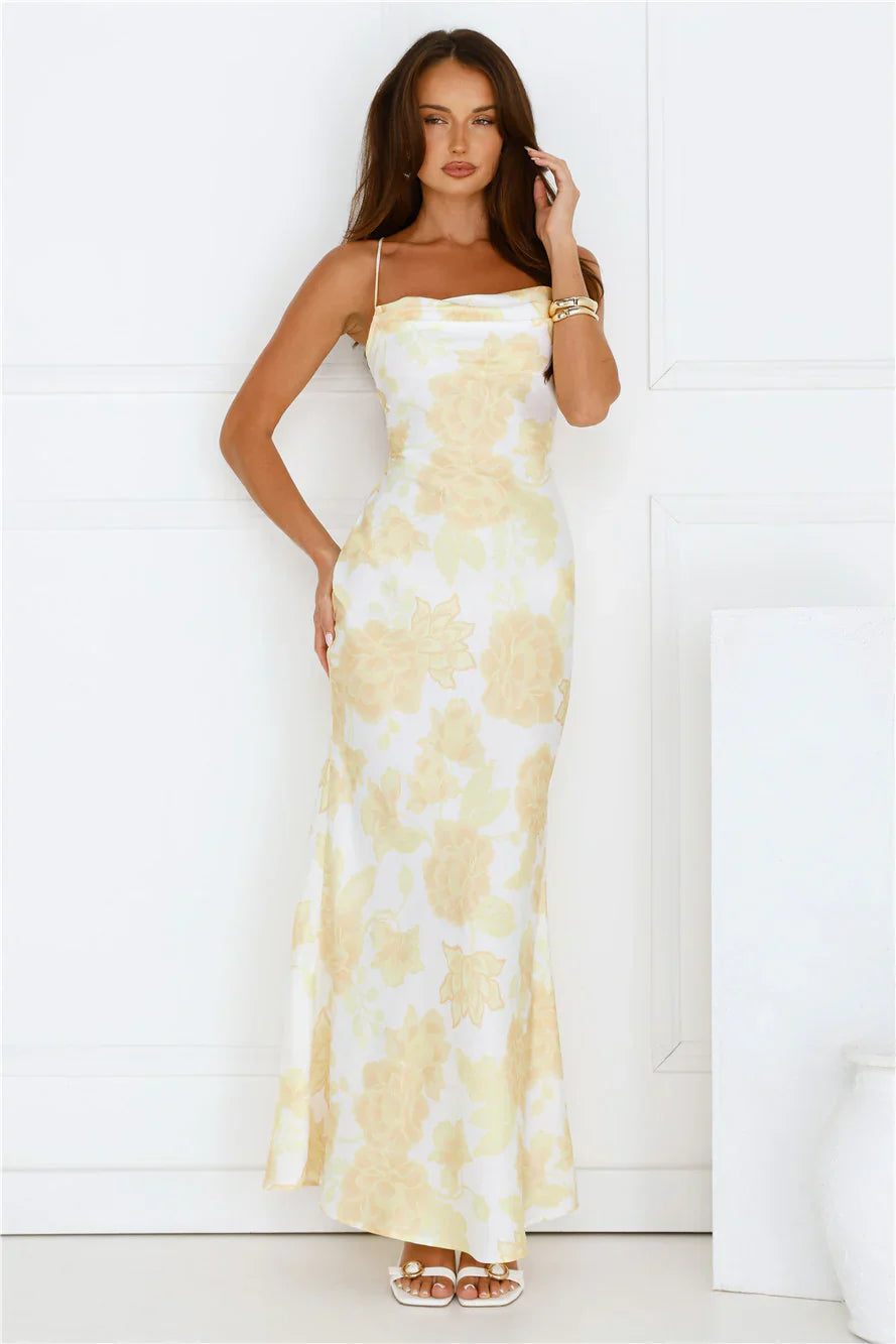 Floral Dreaming Satin Maxi Dress Yellow