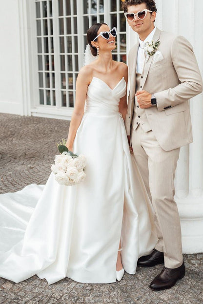 Elegant A-Line Strapless White Satin Wedding Dresses With Slit