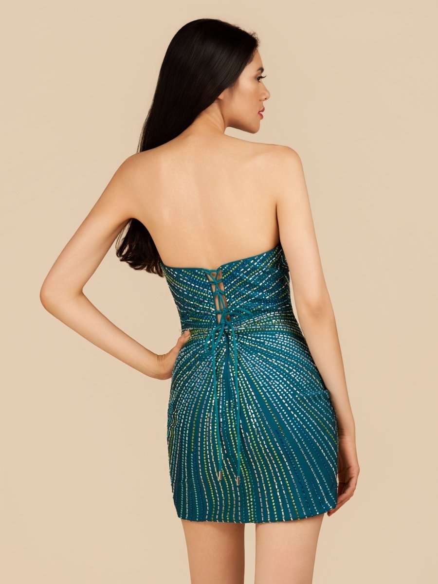 Green - Sheath V Neck Beaded Mini Party Dresses With Slit