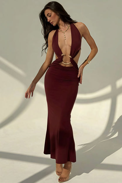 Sexy Halter Deep V Neck Backless Metal Maxi Dress
