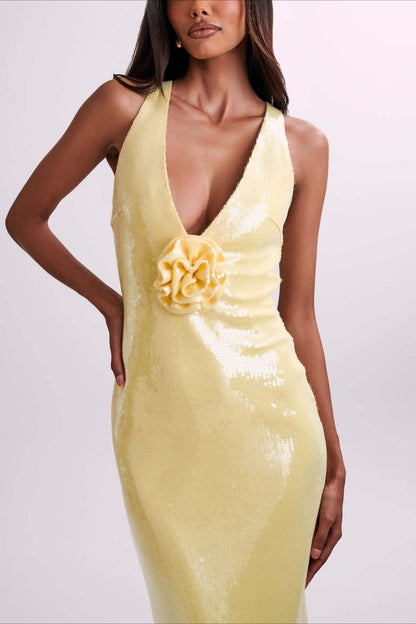 Backless Floral Sequin Maxi Dress