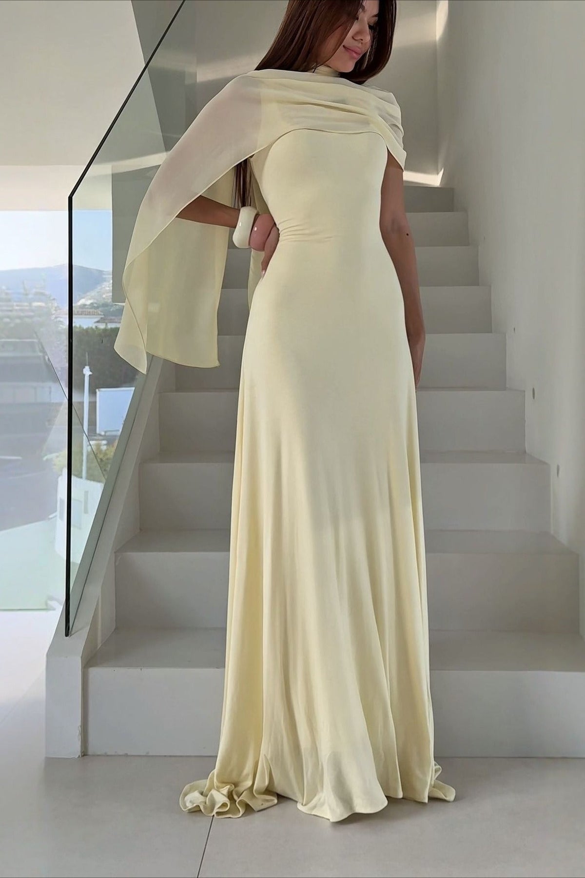 Elegant Solid Sash Shawl Cami Maxi Dress