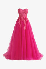 Hot Pink A-Line Tulle Lace Sweetheart Long Prom Dress