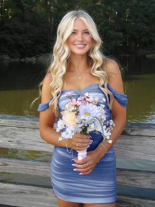 Ink Blue - Off The Shoulder Tulle Short Homecoming & Cocktail Dresses