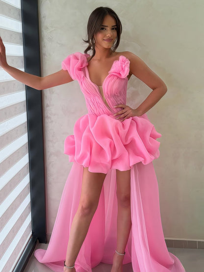 Hot Pink - One Shoulder Organza High Low Homecoming Dress With Ruffles