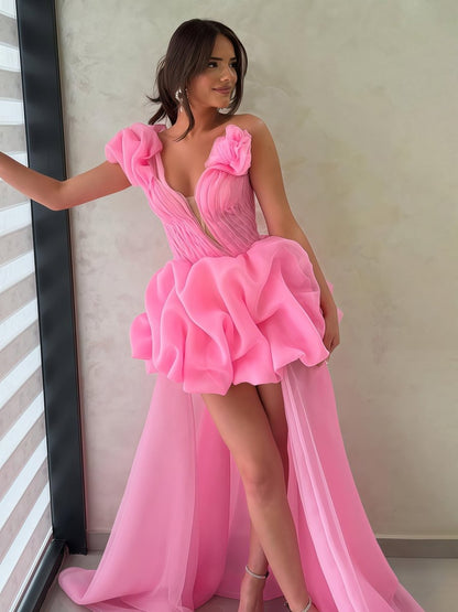 Hot Pink - One Shoulder Organza High Low Homecoming Dress With Ruffles