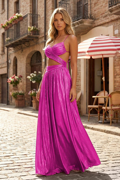Hot Pink A Line Spaghetti Straps Metallic Satin Long Prom Dresses With Cut out