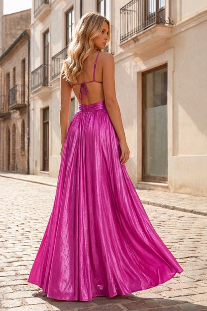 Hot Pink A Line Spaghetti Straps Metallic Satin Long Prom Dresses With Cut out