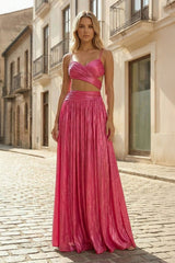 Hot Pink A Line Spaghetti Straps Metallic Satin Long Prom Dresses With Cut out