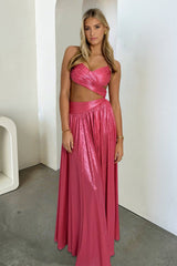 Hot Pink A Line Spaghetti Straps Metallic Satin Long Prom Dresses With Cut out
