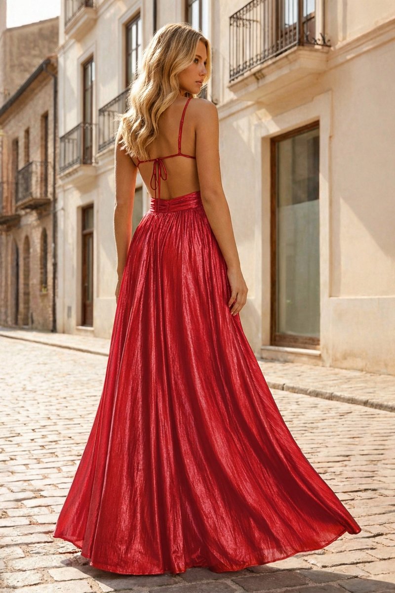 Hot Pink A Line Spaghetti Straps Metallic Satin Long Prom Dresses With Cut out