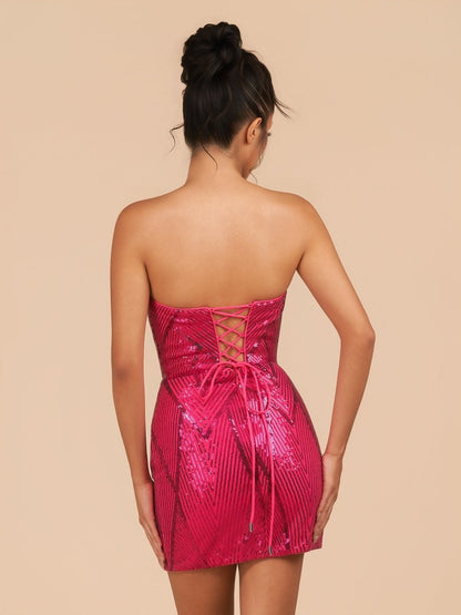 Fuchsia - Strapless Bodycon Sequins Mini Party Dresses With Slit