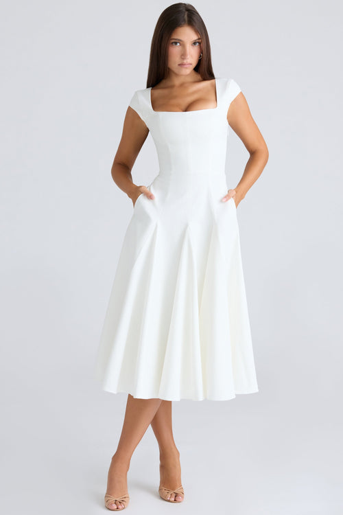 white square neck twill midi dress