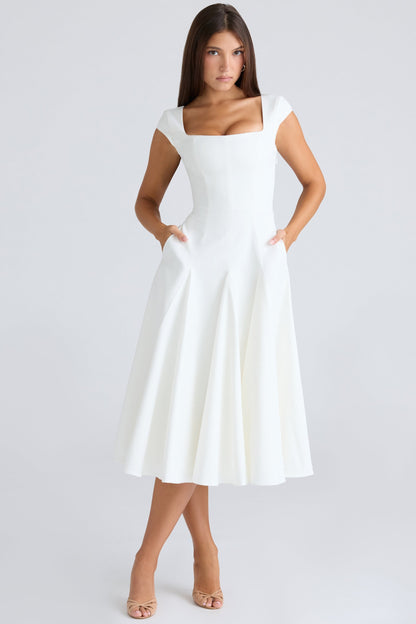 white square neck twill midi dress