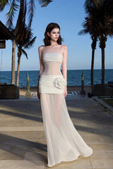 Solid Sheer Mesh Bandeau Maxi Dress