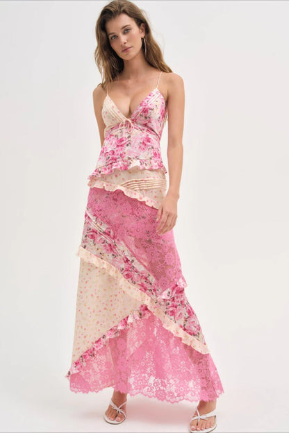 Deep V Ruffle Floral Lace Patchwork Cami Maxi Dress
