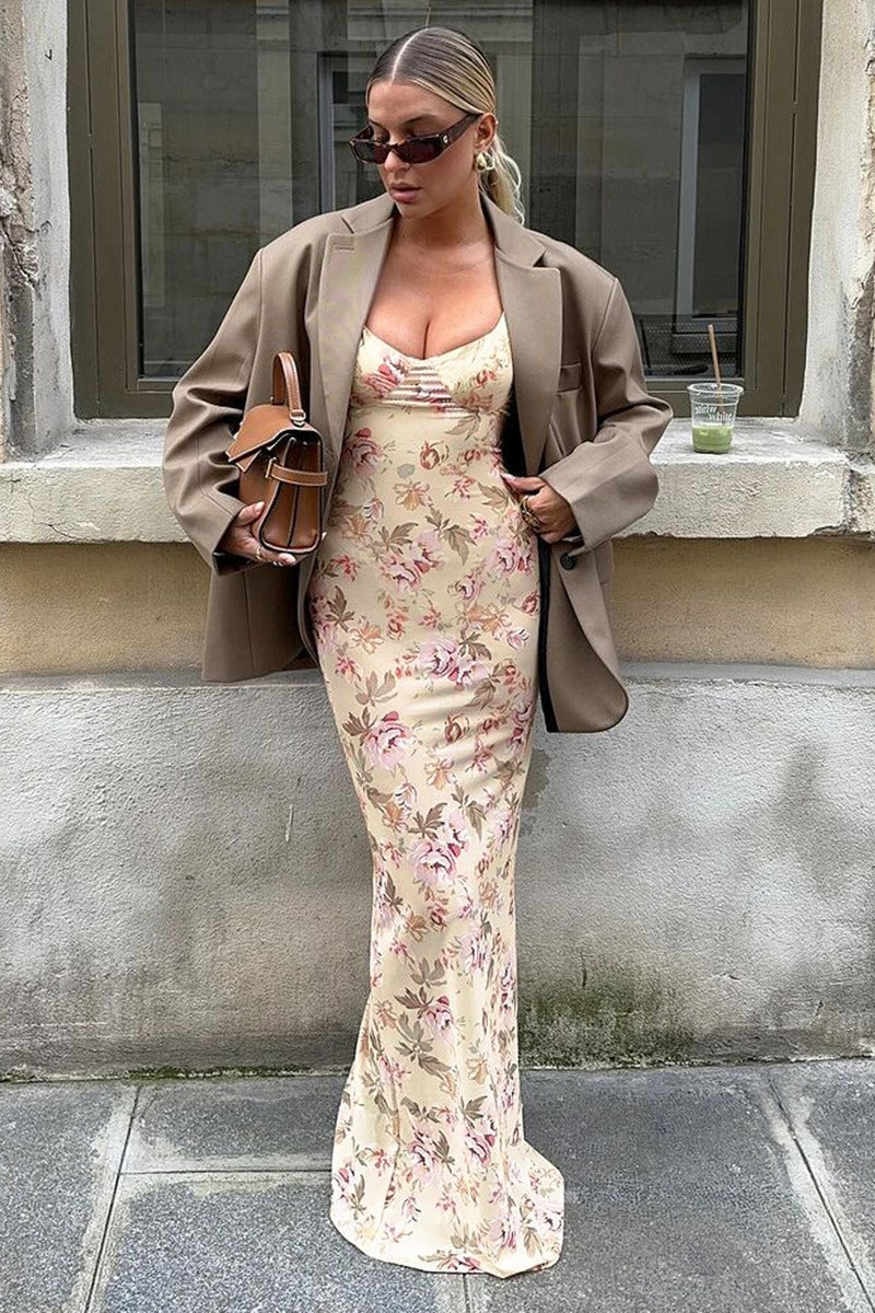 Sexy Low Cut U-Neck Floral Print Slit Cami Maxi Dress