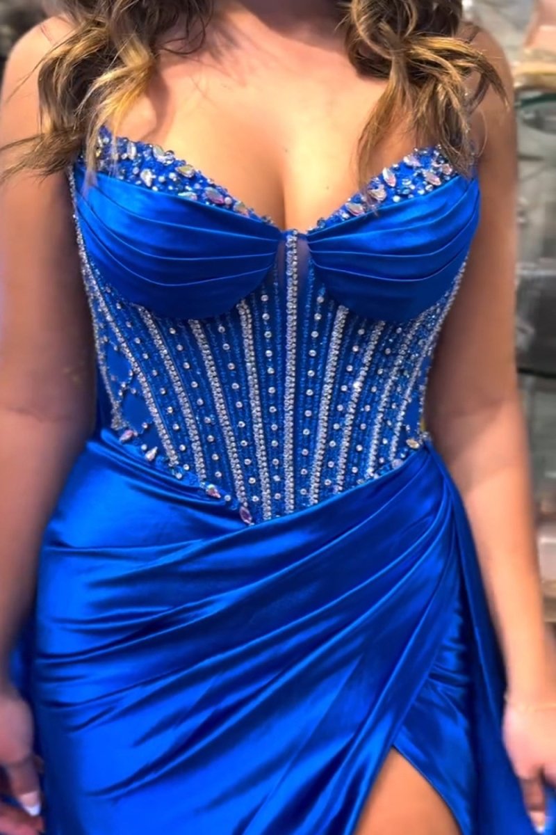 Glitter Royal Blue Satin Mermaid Spaghetti Straps Long Corset Prom Dress with Beading