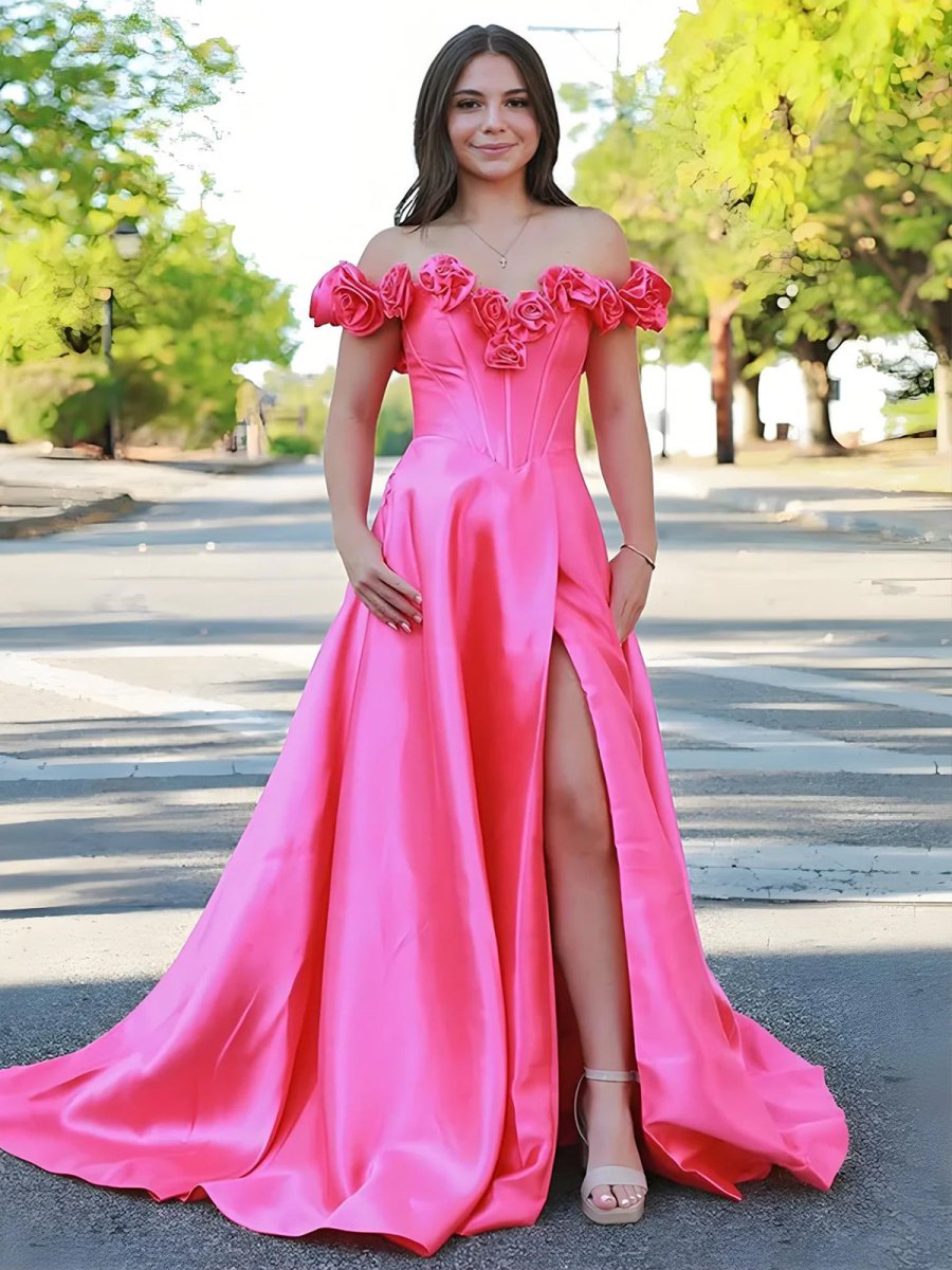 Fuchsia Off the Shoulder Corset Bodice A-Line Prom Dress