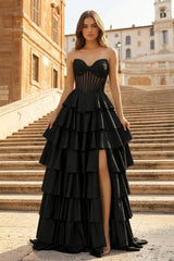 Gray Sweetheart A Line Satin Ruffled Long Prom Dresses With Slit